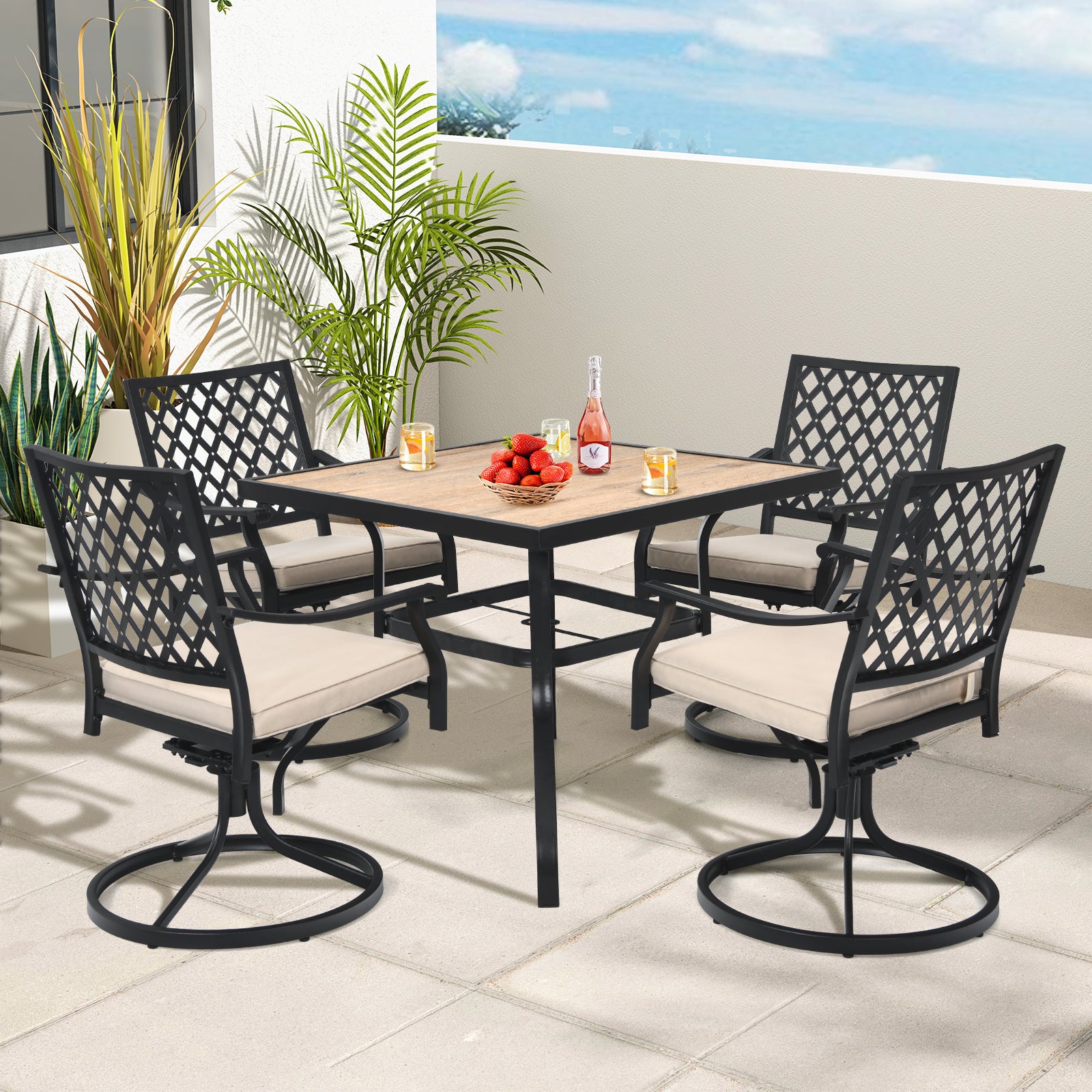2 Pieces Outdoor Swivel Chair Patio Bistro Dining Chair Set with Soft Seat Cushion-Beige